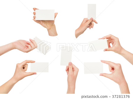 White female hand with business cards. Set 37281376