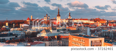 Aerial view old town at sunset, Tallinn, Estonia Aerial view old town at sunset, Tallinn, Estonia 37282401