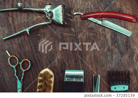 Tools for cutting beard. barbershop top view 37285139