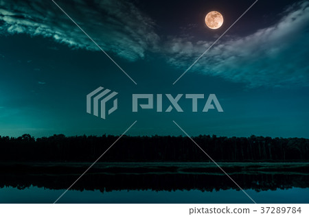 Emerald green sky and full moon. Serenity nature. 37289784