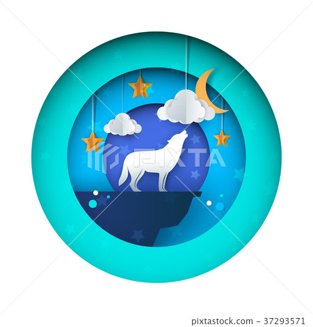 Wolf howls to the moon -paper illustration. Star Wolf howls to the moon -paper illustration. Star 37293571