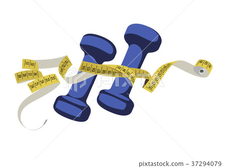Blue dumbbells and measure tape. Blue dumbbells and measure tape. 37294079