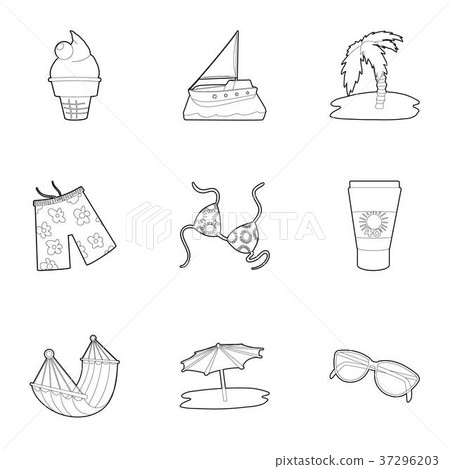 Beach accessories icons set, outline style Beach accessories icons set, outline style 37296203