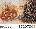 House on the sunset, with snow-covered forest on 37297309