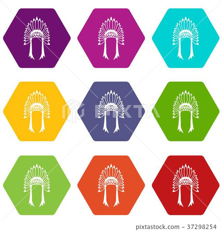 Indian headdress icon set color hexahedron Indian headdress icon set color hexahedron 37298254