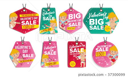 Valentine s Day Theme Sale Tags Vector. Flat Paper Valentine s Day Theme Sale Tags Vector. Flat Paper 37300099