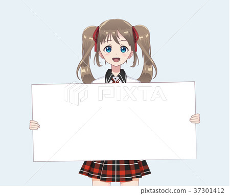 Japanese Asian woman holding white big sign board 37301412