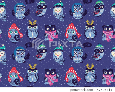 Seamless pattern with cartoon owls in winter hats - Stock Illustration ...
