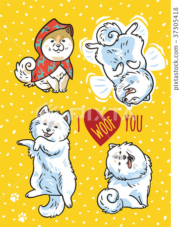 Four funny puppies with lettering I woof you 37305418
