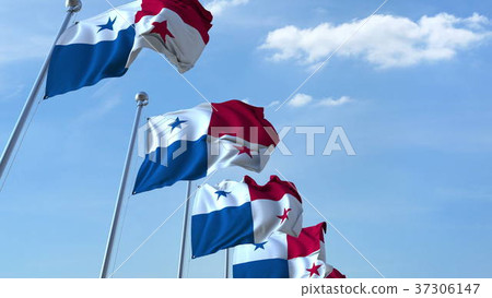 Multiple waving flags of Panama against the blue Multiple waving flags of Panama against the blue 37306147