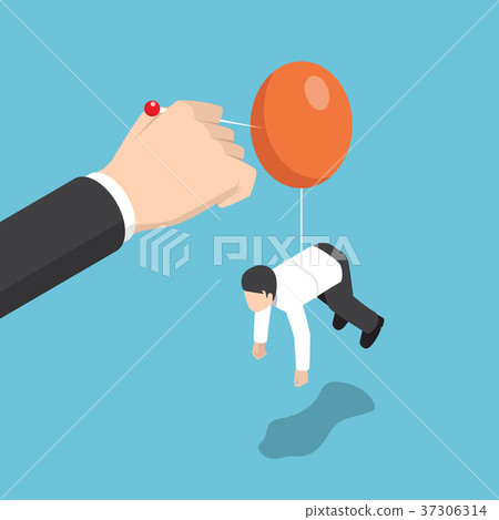 Businessman push needle to destroy rival balloon. Businessman push needle to destroy rival balloon. 37306314