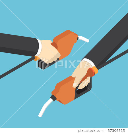 Isometric businessman hands holding fuel nozzle. Isometric businessman hands holding fuel nozzle. 37306315