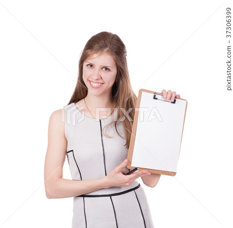 Business woman write on clipboard Business woman write on clipboard 37306399