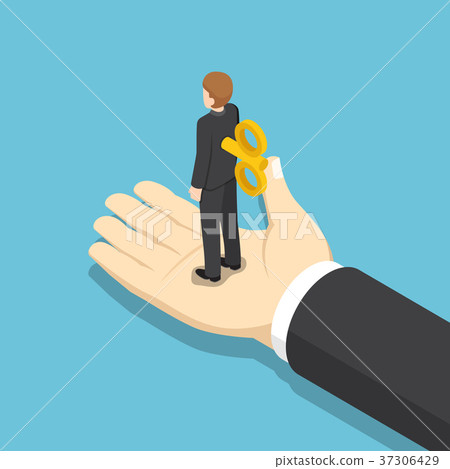 Isometric businessman with windup key on his back. Isometric businessman with windup key on his back. 37306429