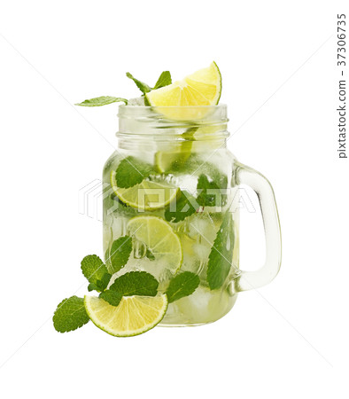 Close up mason jar of mojito isolated on white Close up mason jar of mojito isolated on white 37306735