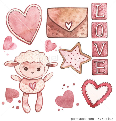 Lamb with hearts. Watercolor Pink set of elements 37307102