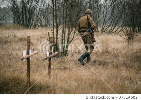 A soldier of the Red Army walks past graves 37314602