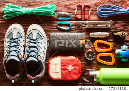 Travel items for hiking flat lay 37318188
