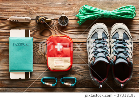 Travel items for hiking flat lay 37318193