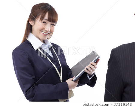 Young woman explaining using touch panel 37319148