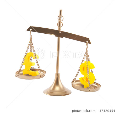 Pound and Dollar signs on scales isolated on white 37320354