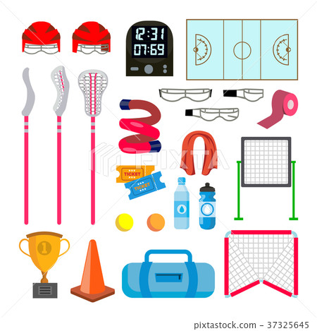 Lacrosse Icons Set Vector. Lacrosse Accessories Lacrosse Icons Set Vector. Lacrosse Accessories 37325645