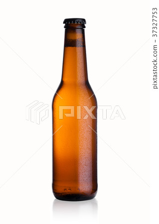 Brown glass beer bottle with black cap with dew 37327753