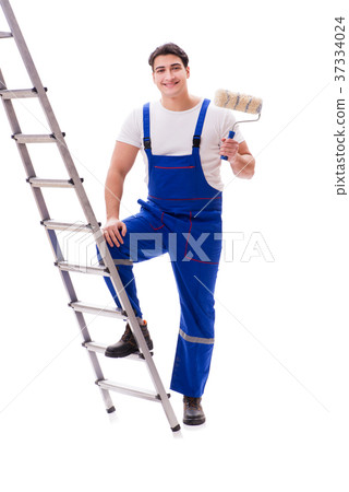 Young painter man with ladder isolated on white Young painter man with ladder isolated on white 37334024