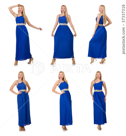Beautiful woman in long blue dress isolated on Beautiful woman in long blue dress isolated on 37337316