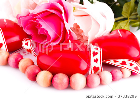 Red heart candles, necklace and roses Red heart candles, necklace and roses 37338299