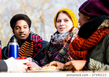 Young friends talking at picnic outdoors in the Young friends talking at picnic outdoors in the 37340113