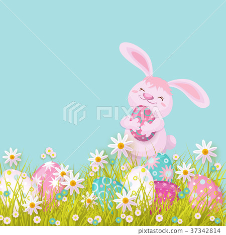 vector easter poster with rabbit with eggs flowers - Stock Illustration ...