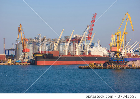 Freight ship near sea port. Freight ship near sea port. 37343555