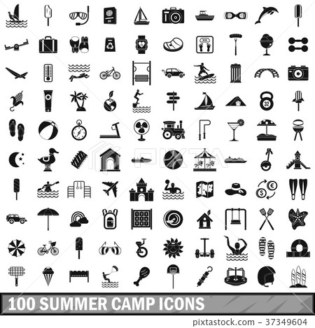 100 summer camp icons set, simple style 100 summer camp icons set, simple style 37349604