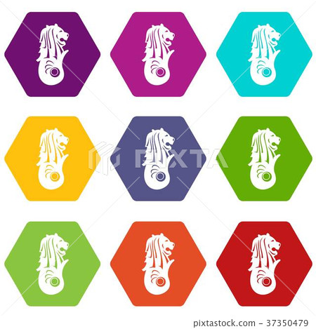 Merlion statue, Singapore icon set color hexahedron Merlion statue, Singapore icon set color hexahedron 37350479