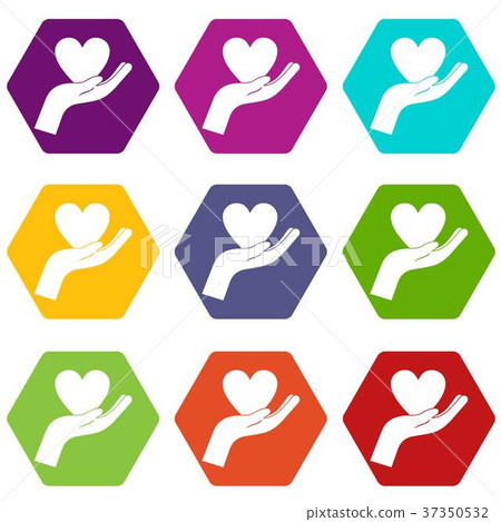 Hand holding heart icon set color hexahedron Hand holding heart icon set color hexahedron 37350532