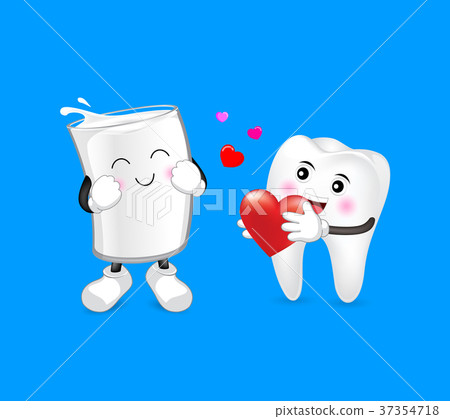 Cute cartoon tooth and a glass of milk in love.  37354718