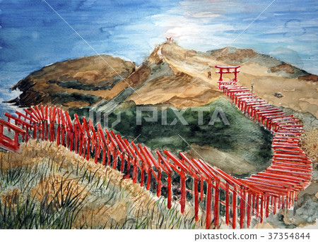 Hand-drawn watercolor painting of Motonosumi Inari Shrine 37354844