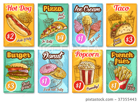 Fast food restaurant menu vector sketch posters Fast food restaurant menu vector sketch posters 37355443