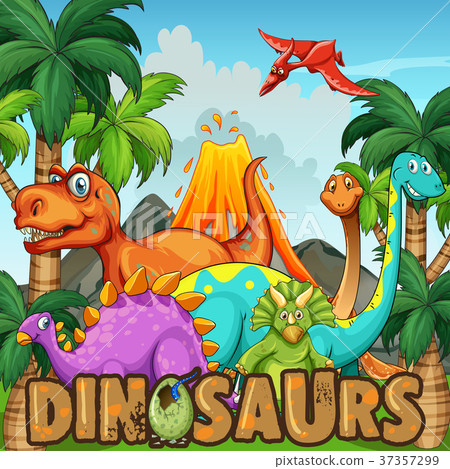 Different types of dinosaurs by the volcano 37357299
