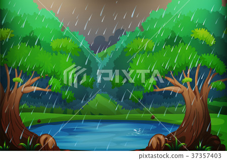 Background scene with forest in the rain - Stock Illustration [37357403 ...
