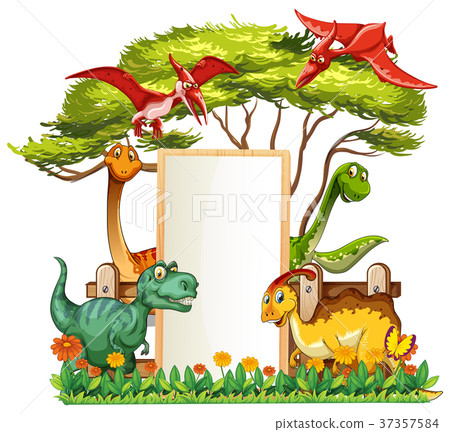 Banner template with many dinosaurs in garden 37357584