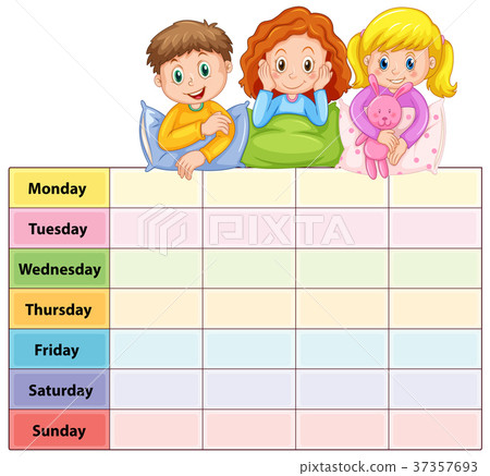 Seven days of the week table with kids in pajamas 37357693
