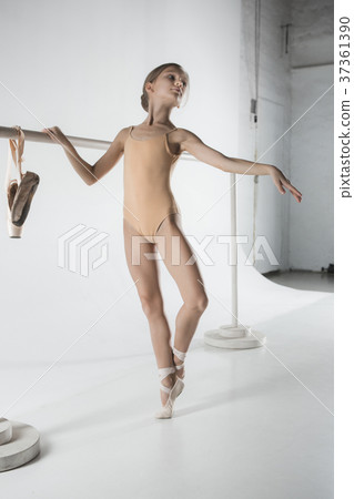 The girl is training near the ballet barre. 37361390
