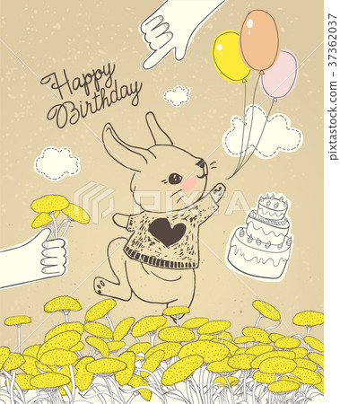 Hand drawn rabbit with colorful balloons on floral 37362037