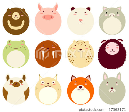 Set Of Round Avatars Icon With Face Of Cute Animal Stock