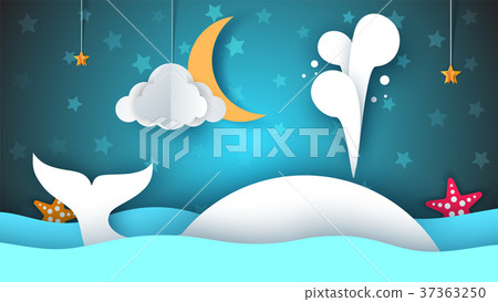 Whale, sea, star, sky, moon - paper cartoon Whale, sea, star, sky, moon - paper cartoon 37363250