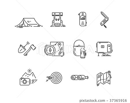 Line icons set of hiking tourism, camping. 37365916