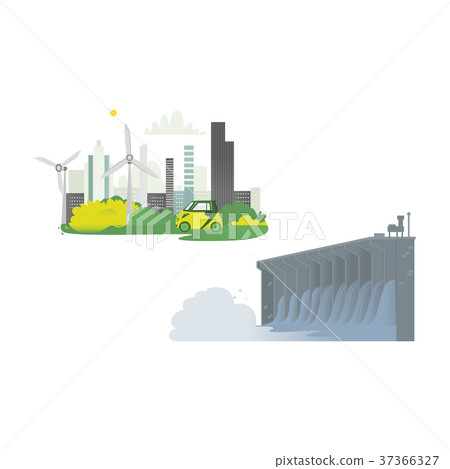 vector flat hydro power station, green city 37366327