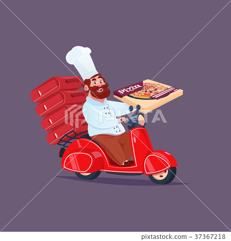 Chef Cook Riding Red Motor Bike Fast Pizza 37367218